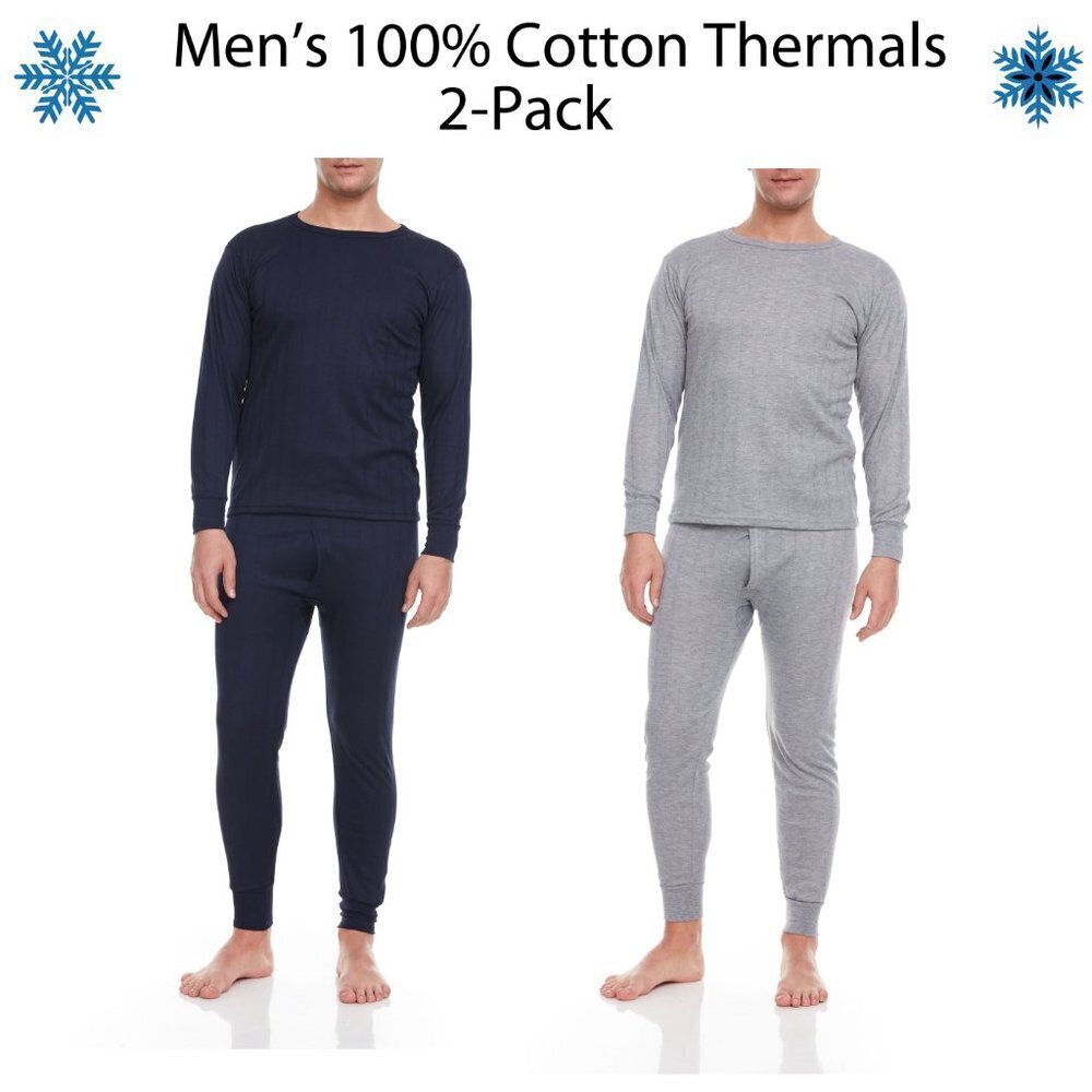 Men  Long Johns Thermals 100% Cotton Fleece  Warm Winter Baselayer Set 2-PACK